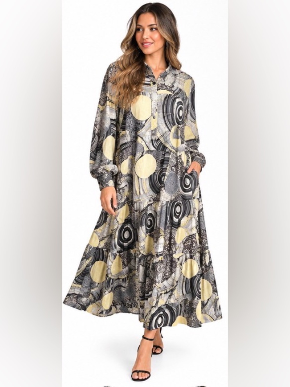 Beulah Style Abstract Print Tiered Maxi Dress Grey Yellow One Size NWT